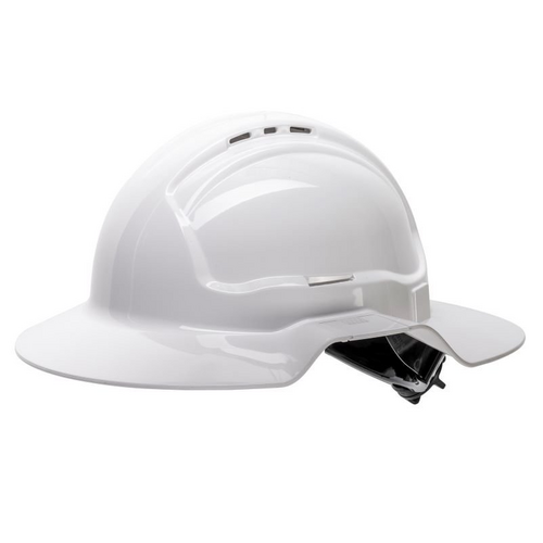 WORKWEAR, SAFETY & CORPORATE CLOTHING SPECIALISTS  - Maxisafe White Broad Brim Vented Hard Hat - Ratchet Harness