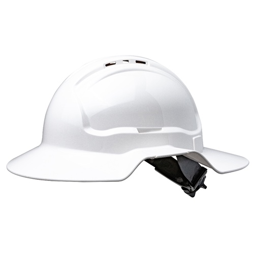 WORKWEAR, SAFETY & CORPORATE CLOTHING SPECIALISTS  - White Broad Brim Vented Hard Hat Ratchet